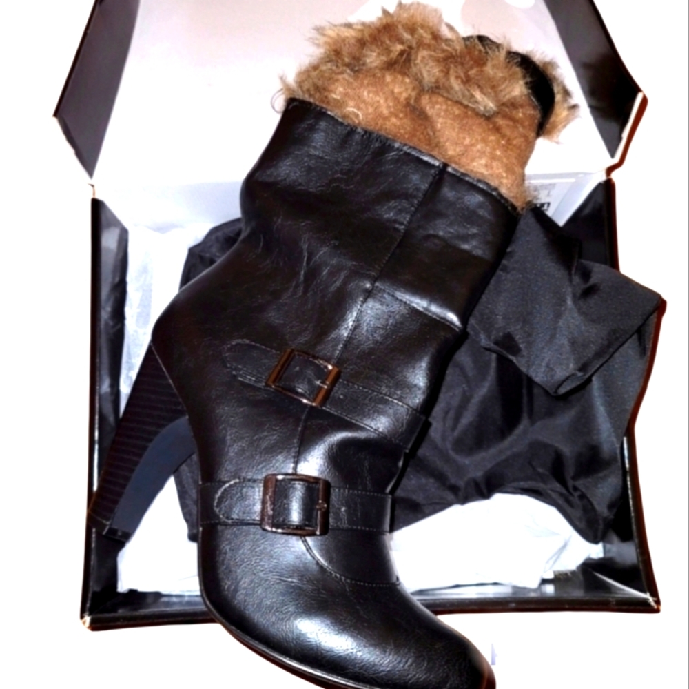 JustFab Fifi Blk, bring faux fur calve bootie size 10 brand new